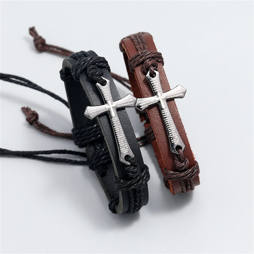 Pulsera Cruz de Cuero Hombre negro