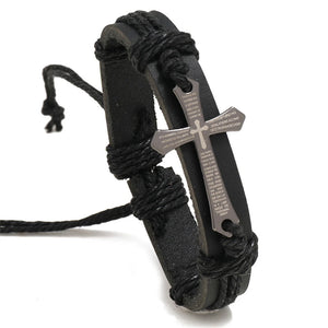 Bracelet Croix en Cuir Homme noir