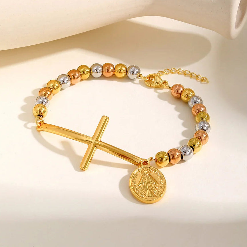 Bracelet de Foi avec croix et médaille de la Vierge Marie multicolore