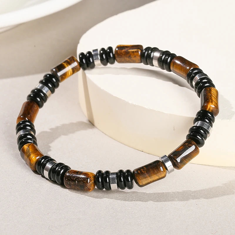 Bracelet élastique triple protection – oeil de tigre, onyx et hématite