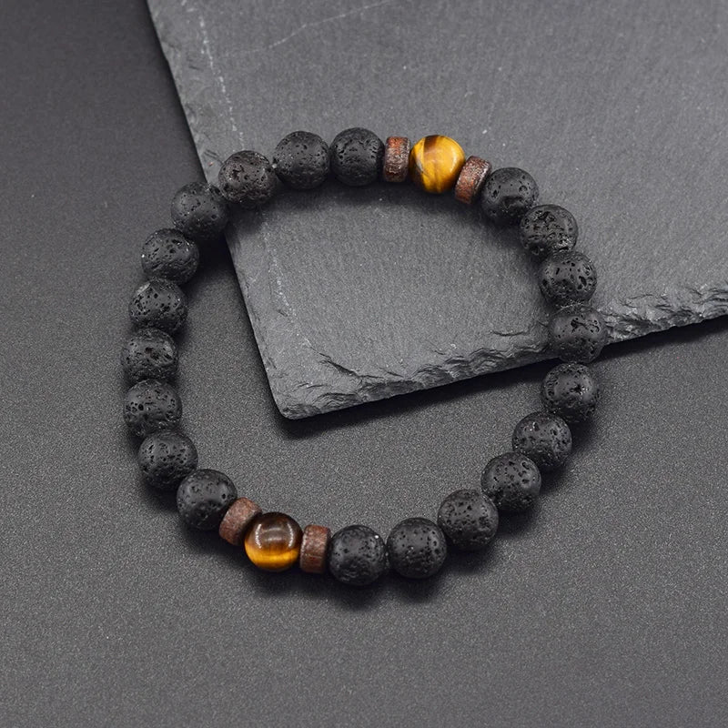 Bracelet de protection en pierres de lave et perles d'oeil de tigre