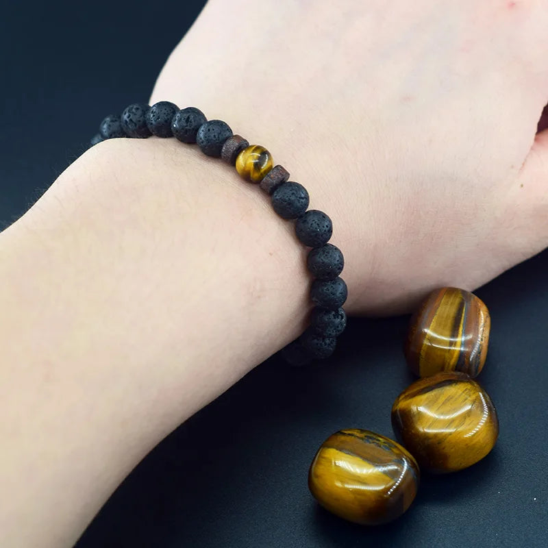 Bracelet de protection en pierres de lave et perles d'oeil de tigre