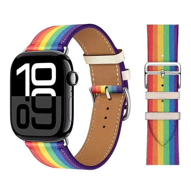 Udskiftningsrem til Apple Watch i læder til kvinder og mænd i regnbue