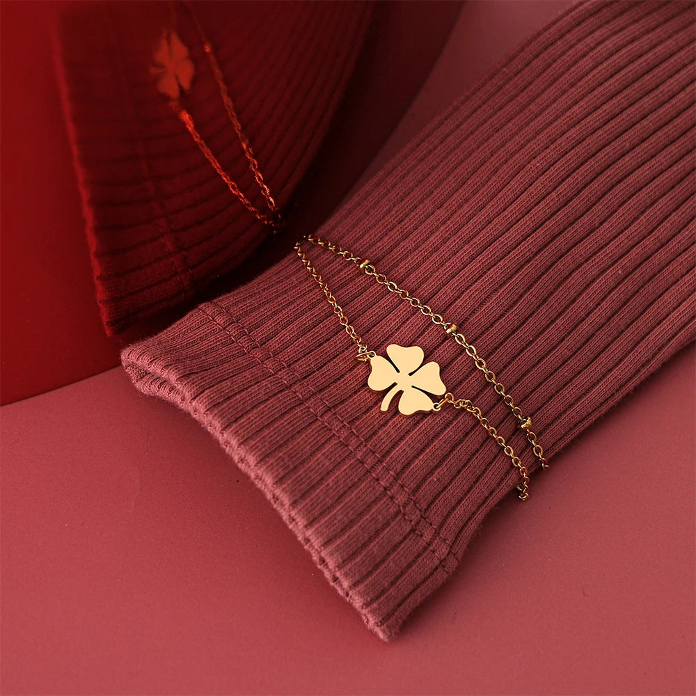 Bracelet Double avec Trèfle à 4 Feuilles or