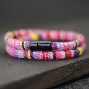 Bracelet Double Tressé Ethnique Multicolore rose
