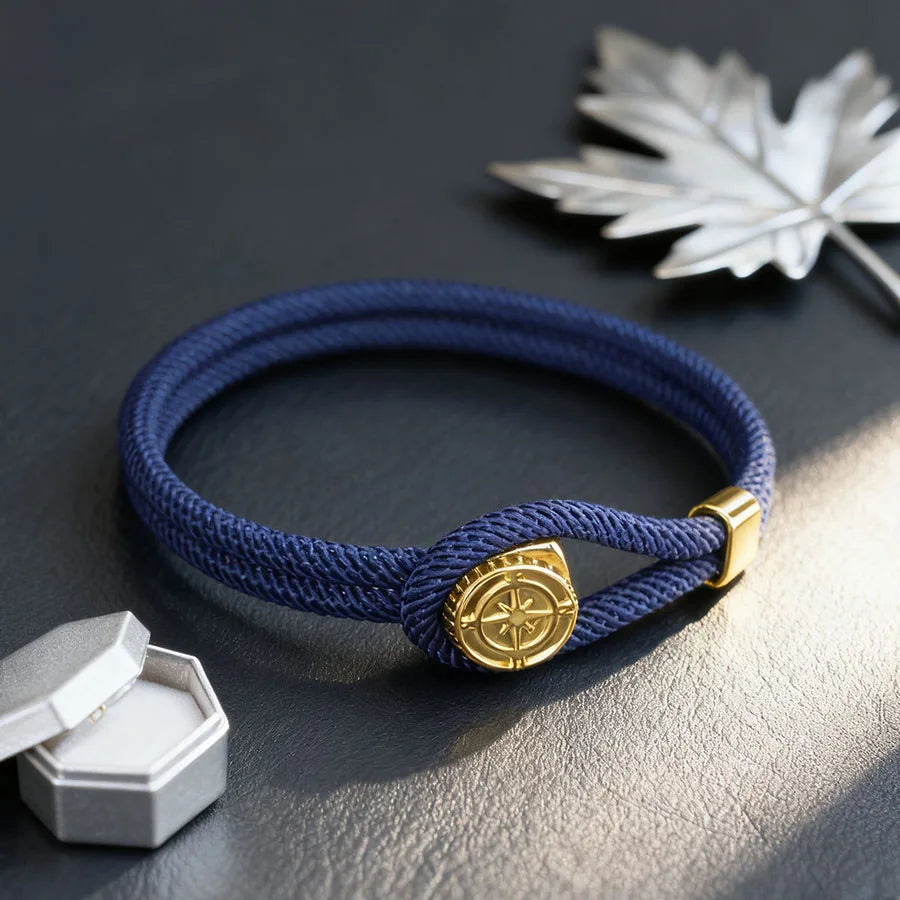 Bracelet en Corde avec Boussole Nautique Rose des Vents bleu marine