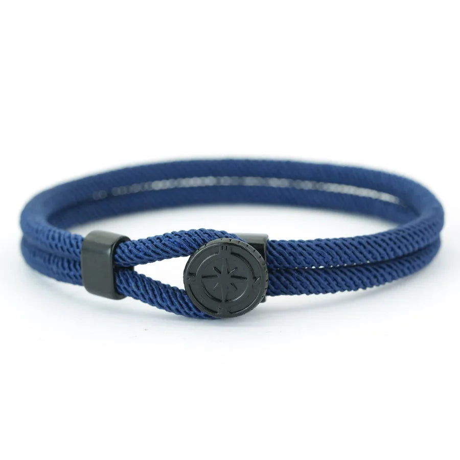 Bracelet en Corde avec Boussole Noire Rose des Vents bleu marine