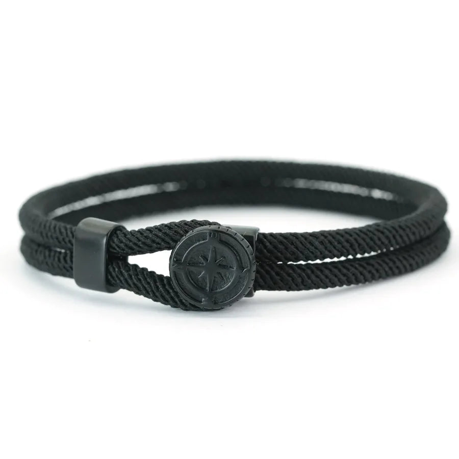Bracelet en Corde avec Boussole Noire Rose des Vents noir