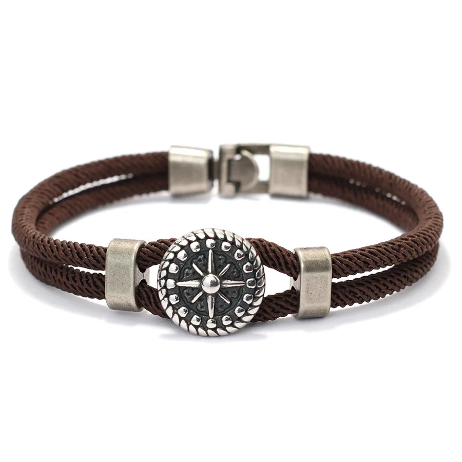 Bracelet en Corde avec Boussole Rose des Vents marron
