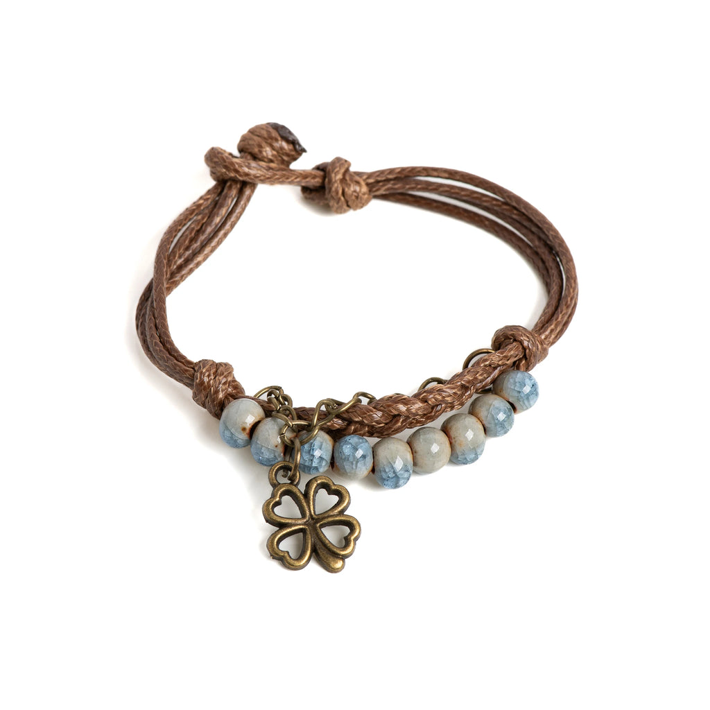 Bracelet en Corde avec Trèfle à 4 Feuilles et Perles bleu