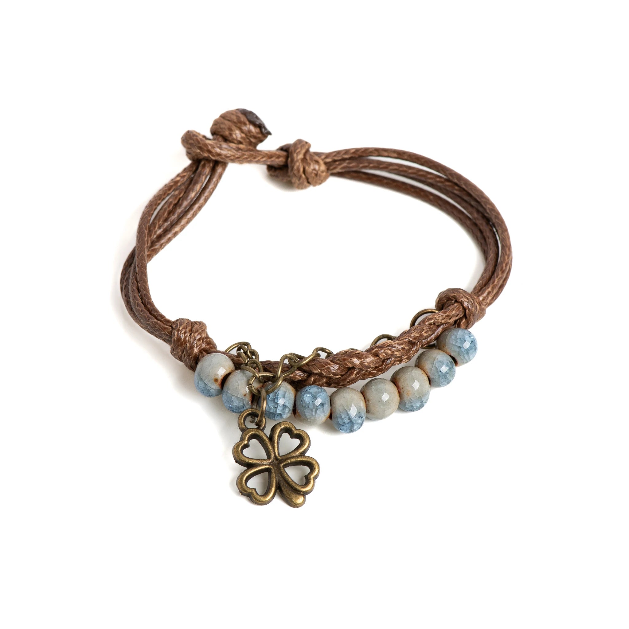 Bracelet en Corde avec Trèfle à 4 Feuilles et Perles bleu