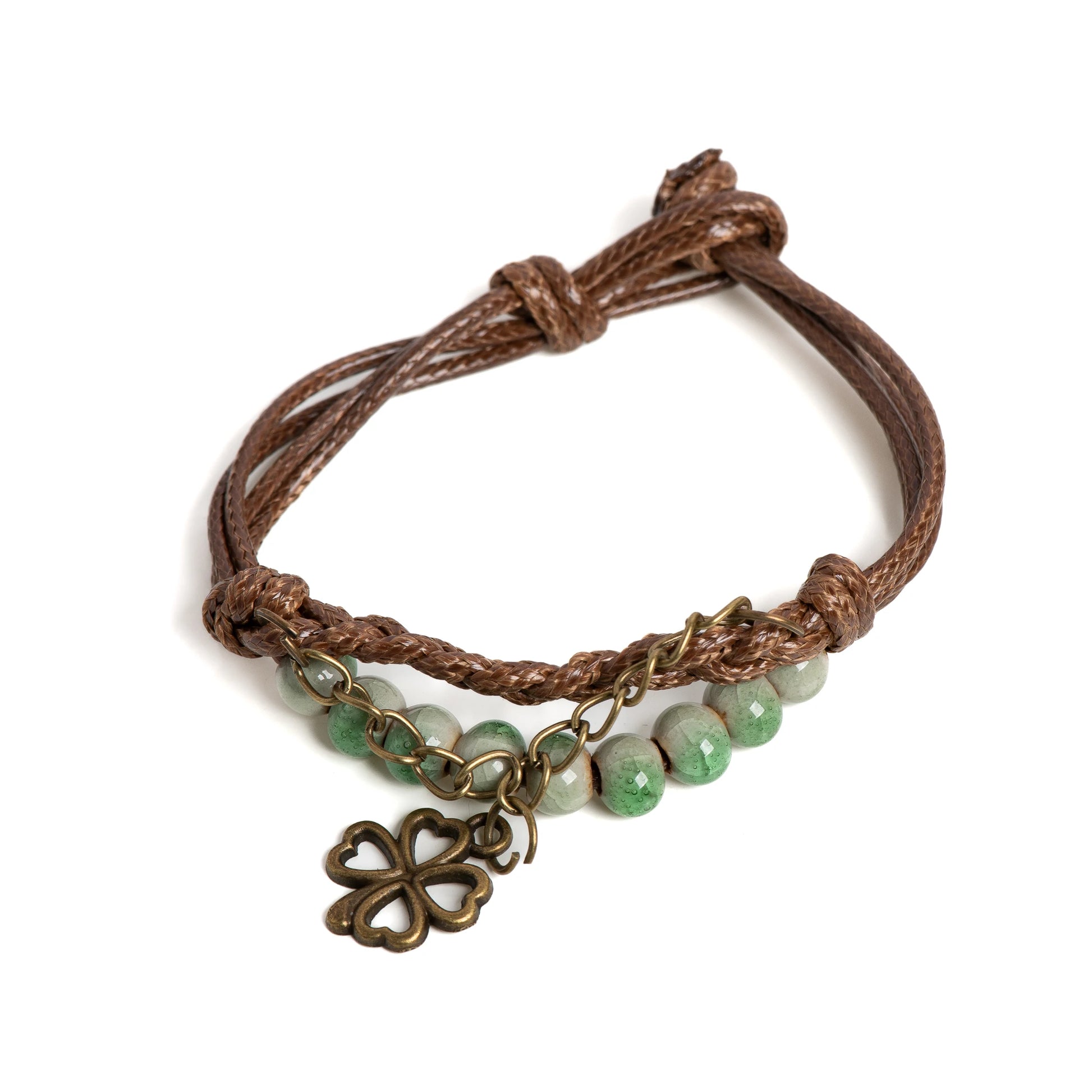 Bracelet en Corde avec Trèfle à 4 Feuilles et Perles vert