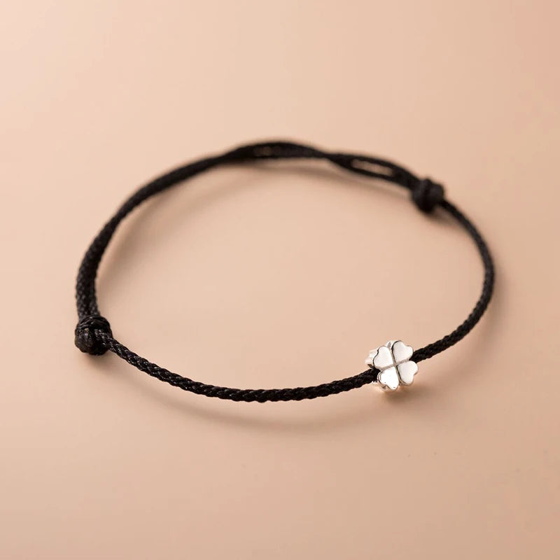 Bracelet en Corde avec Trèfle à 4 Feuilles Blanc noir