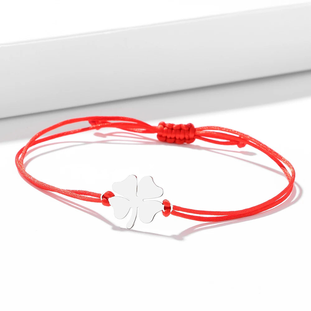 Bracelet en Corde avec Trèfle à 4 Feuilles Porte Bonheur rouge et argent
