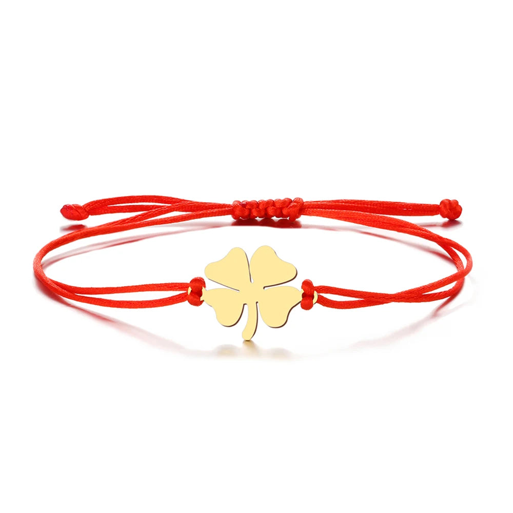 Bracelet en Corde avec Trèfle à 4 Feuilles Porte Bonheur rouge et or
