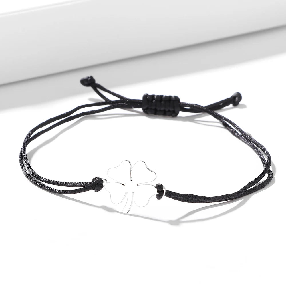 Bracelet en Corde avec Trèfle à 4 Feuilles Porte Bonheur noir et argent