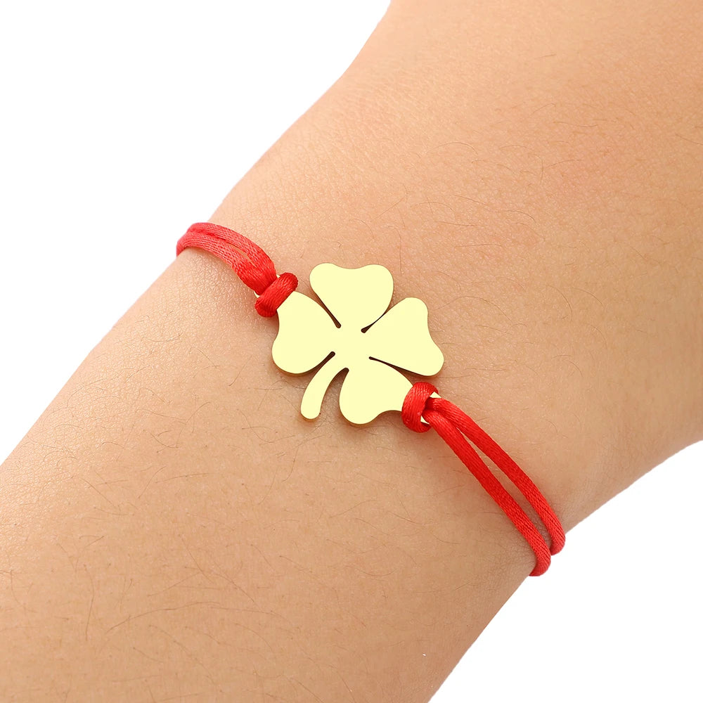 Bracelet en Corde avec Trèfle à 4 Feuilles Porte Bonheur rouge et or