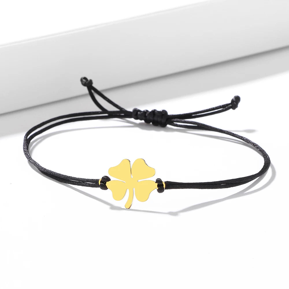 Bracelet en Corde avec Trèfle à 4 Feuilles Porte Bonheur noir et or