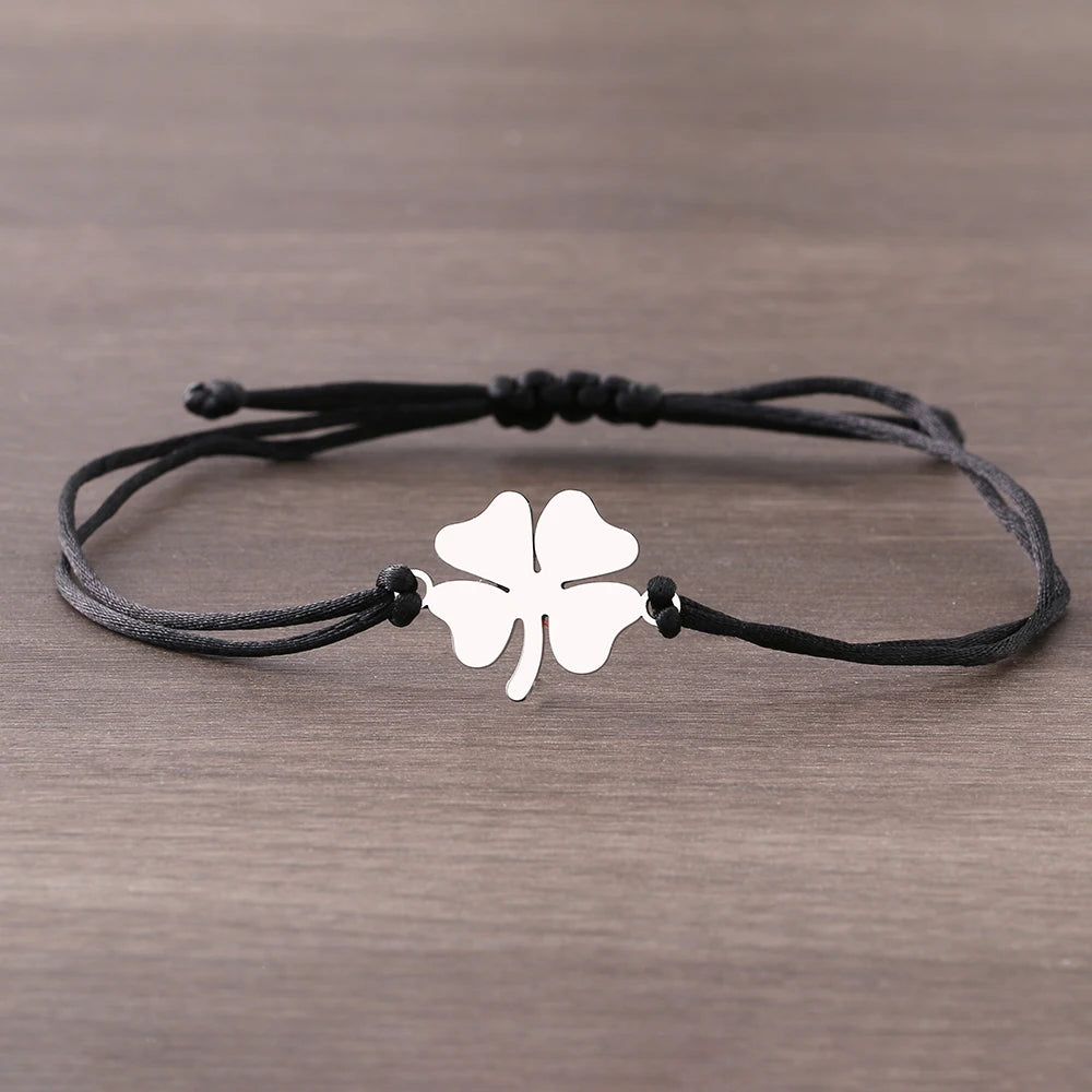 Bracelet en Corde avec Trèfle à 4 Feuilles Porte Bonheur noir et argent
