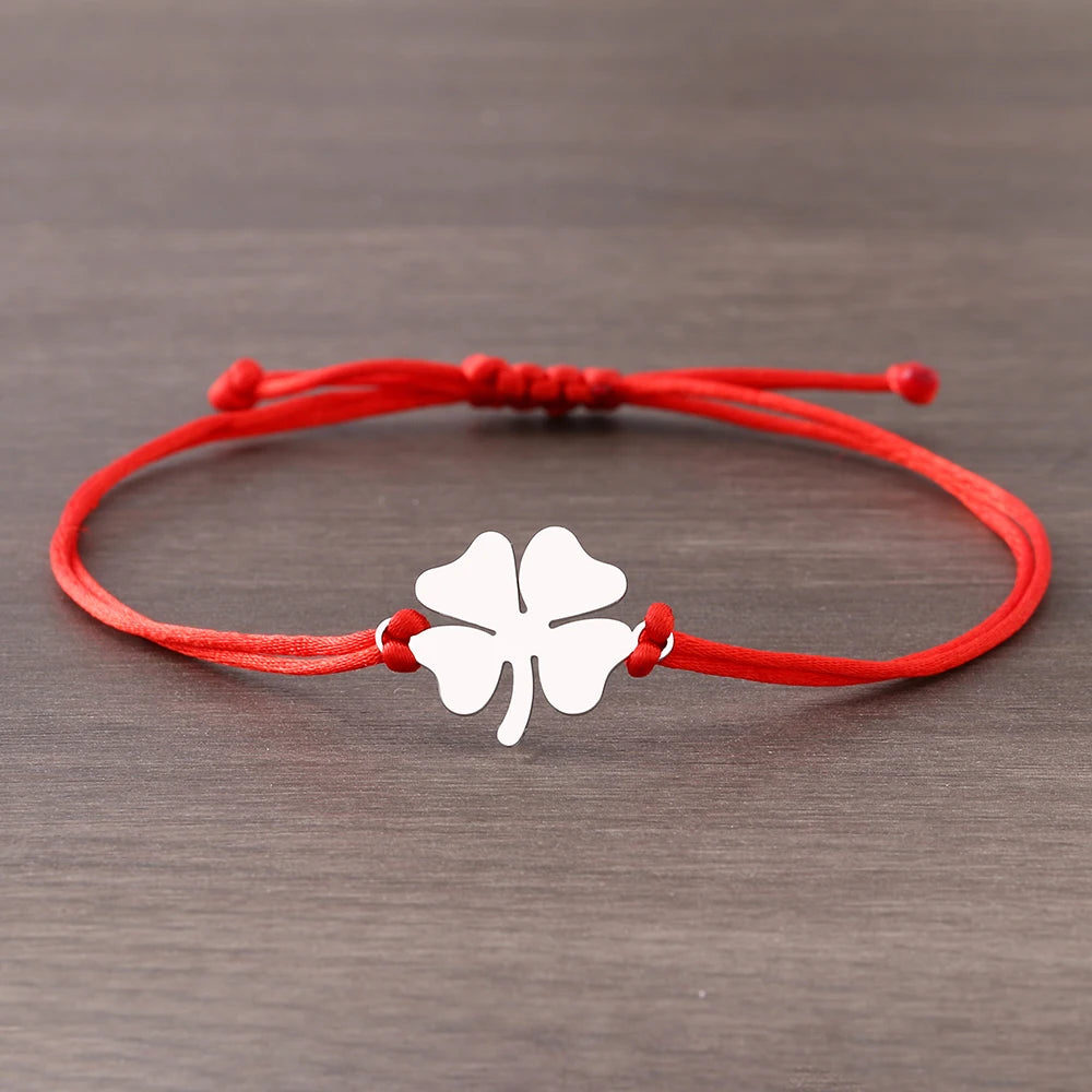 Bracelet en Corde avec Trèfle à 4 Feuilles Porte Bonheur rouge et argent