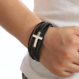 Pulsera de Cuero con Cruz para Hombre 