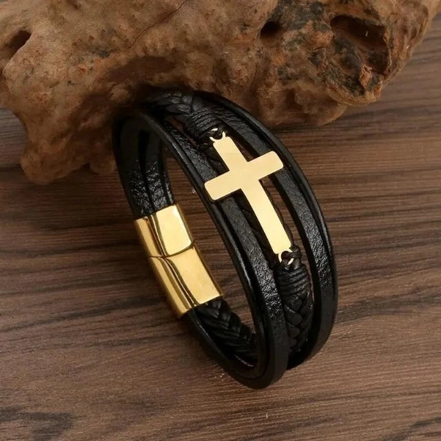 Leather Bracelet with Cross for Men 