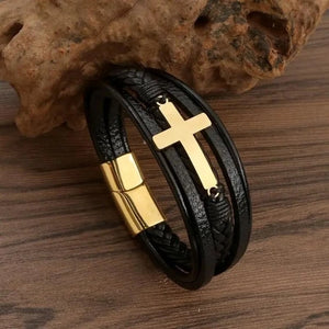 Pulsera de Cuero con Cruz para Hombre 