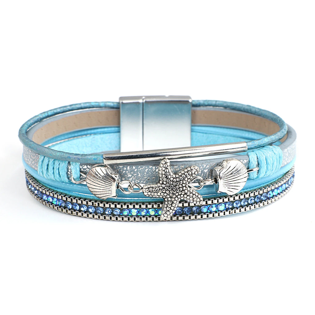 Armband aus Leder mit Muschel und Seestern in Blau