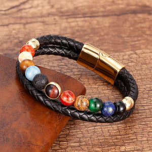 Bracelet en Cuir Pierres 7 Chakras Homme Femme or style a