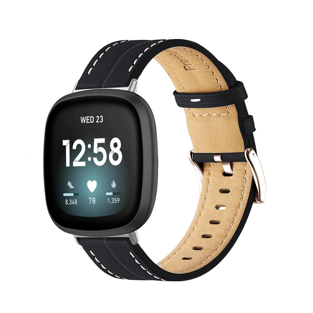 Lederarmband für Fitbit Versa 3, Versa 4, Sense 1 und Sense 2 Uhr in Schwarz