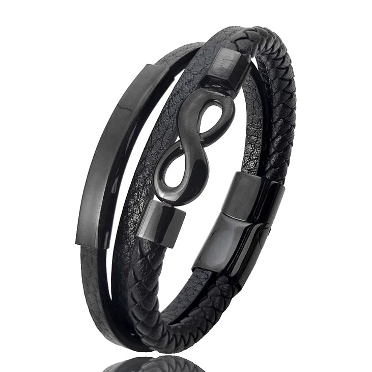 Bracelet en cuir tressé multi-rangs et symbole infini