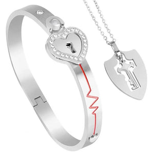 Bracelet et Collier Clé Coeur pour Couple argent