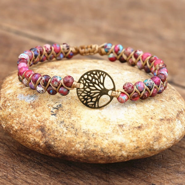 Bracelet En Pierre Naturelle Cristal Avec Pendentif Arbre De Vie – Bleu Marine, Longueur Réglable 18‑22 Cm