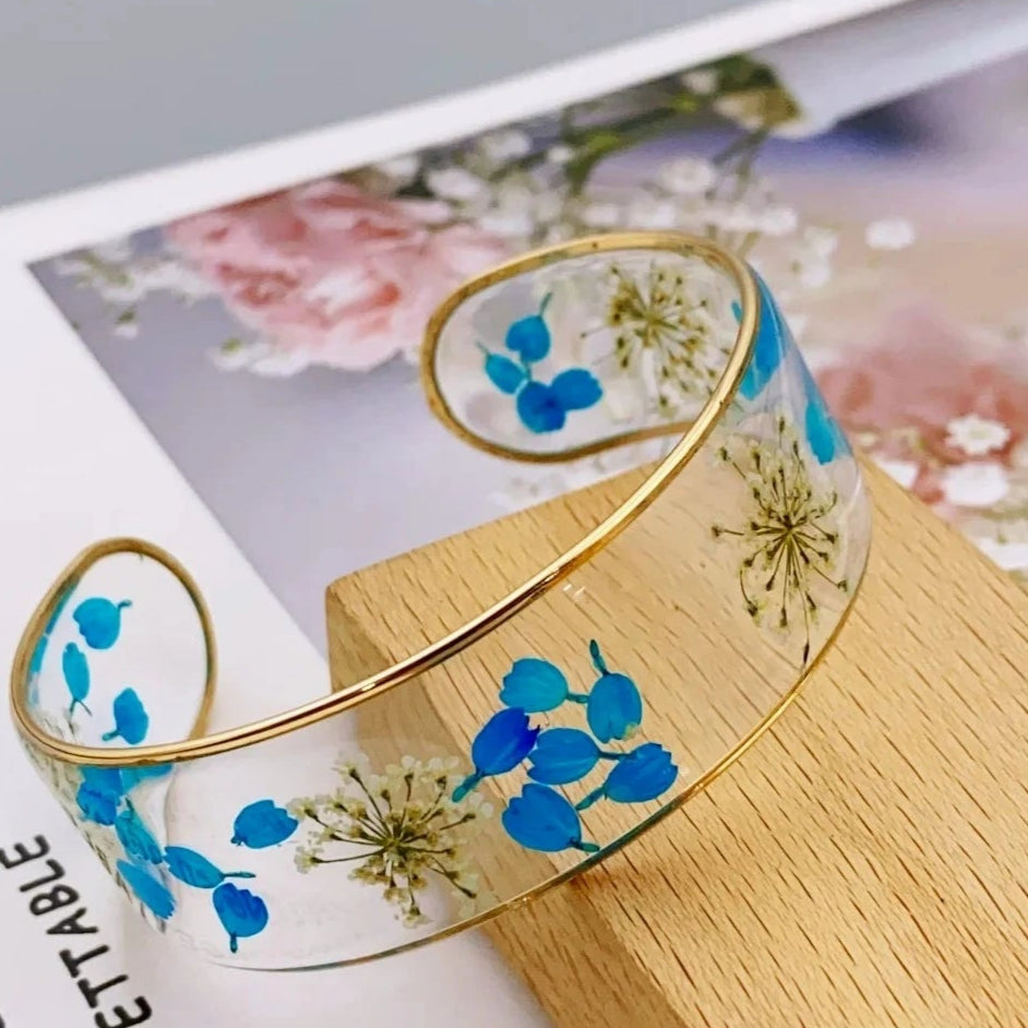Bracelet Gourmette Fleur en Résine Transparente bleu a