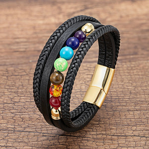 Bracelet Homme en Cuir 7 Chakras or