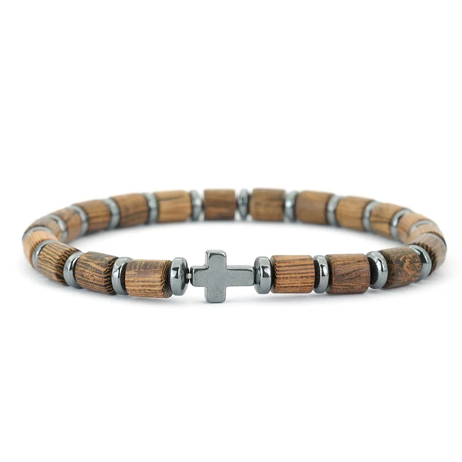 Bracciale con croce e perle effetto legno