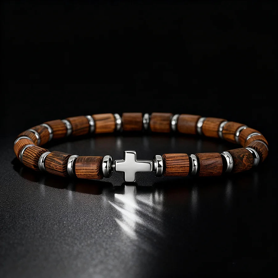 Bracciale con croce e perle effetto legno