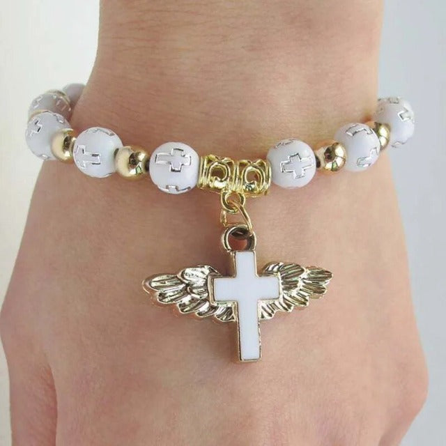 Pulsera de Perlas con Cruz blanca