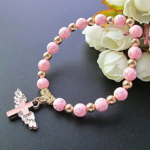 Bracelet Perles avec Croix rose