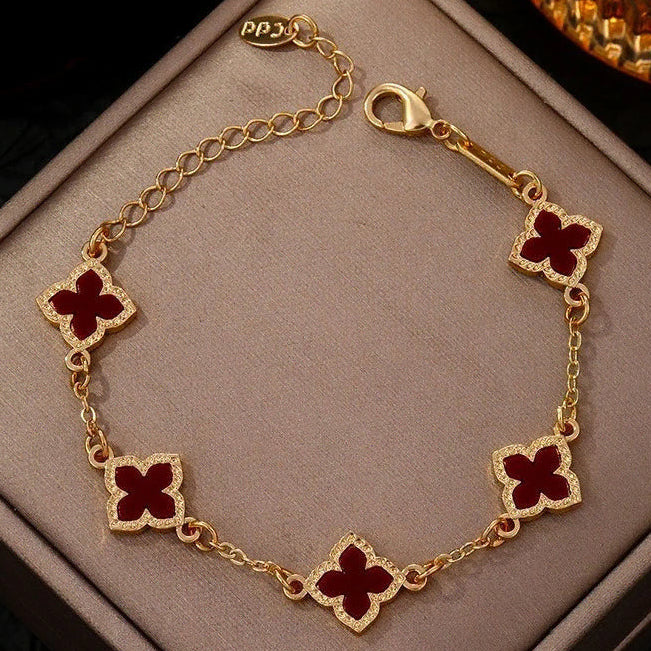 Four-leaf clover bracelet with burgundy mother-of-pearl effect