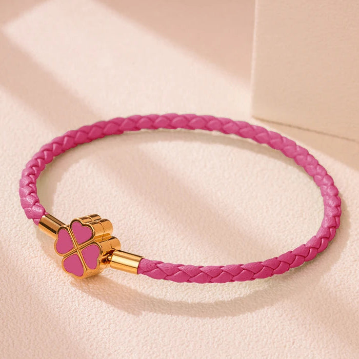 Bracelet Tressé en Cuir avec Trèfle à 4 Feuilles rose foncé