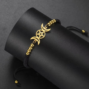 Bracelet Tressé Triple Lune Sorcellerie Gourmette Wiccan noir