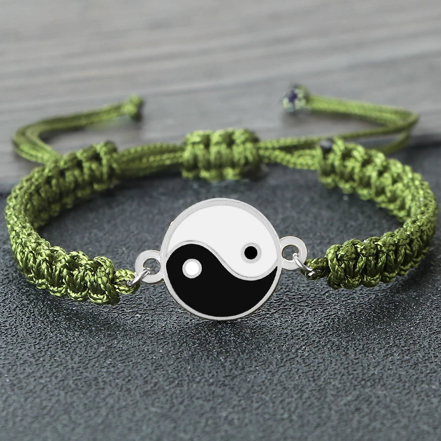 Bracelet Tressé Yin Yang vert et argent