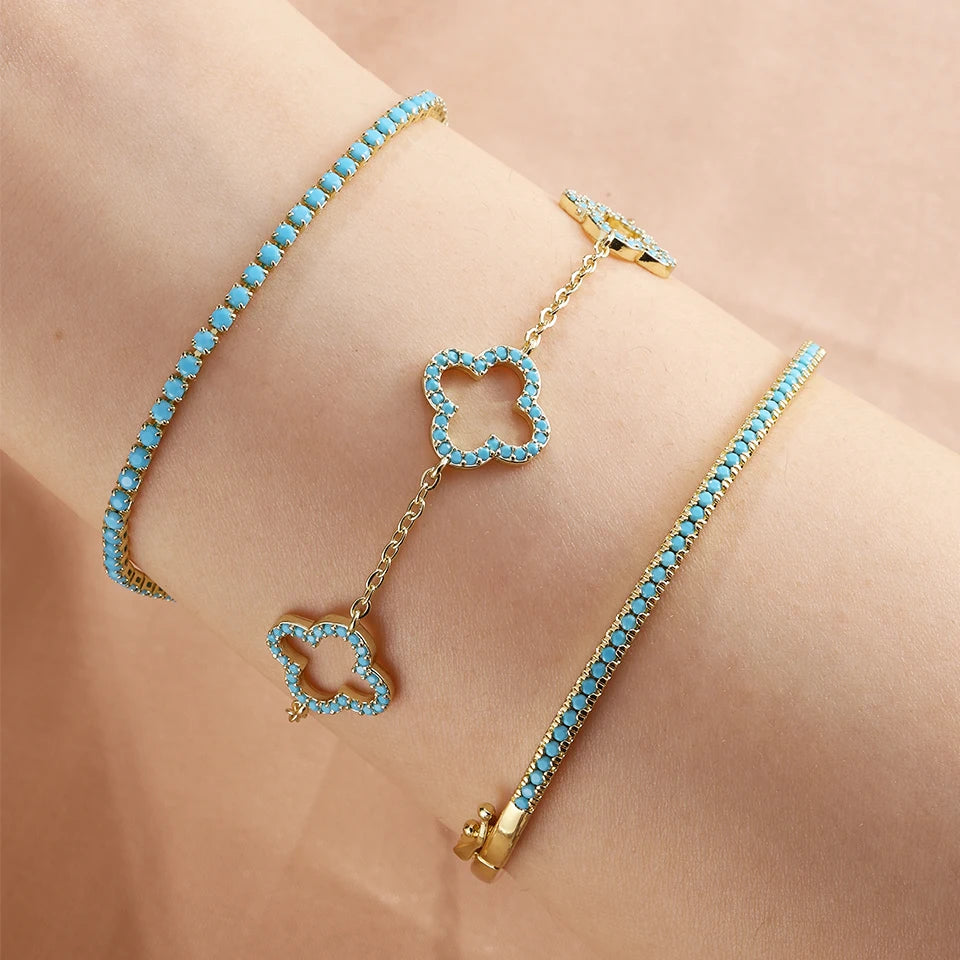 Lot de 3 Bracelets avec Trèfles à 4 Feuilles en Zircon Bleu