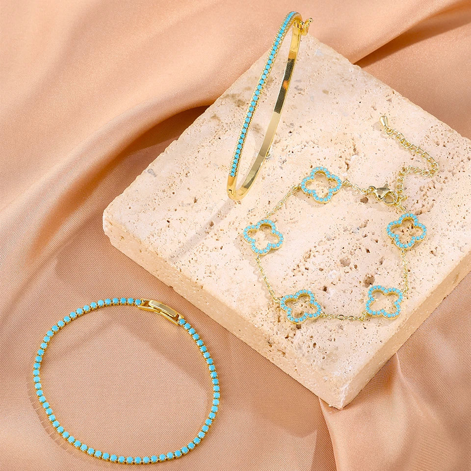 Lot de 3 Bracelets avec Trèfles à 4 Feuilles en Zircon Bleu