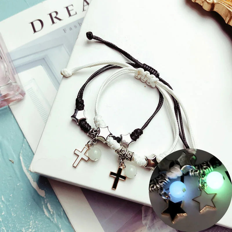 Bracelets pour Couples avec Perle Lumineuse Gourmette Croix