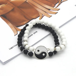 Bracelets pour Couples Gourmette Séparable Yin Yang en Pierres Naturelles Noir et Blanc