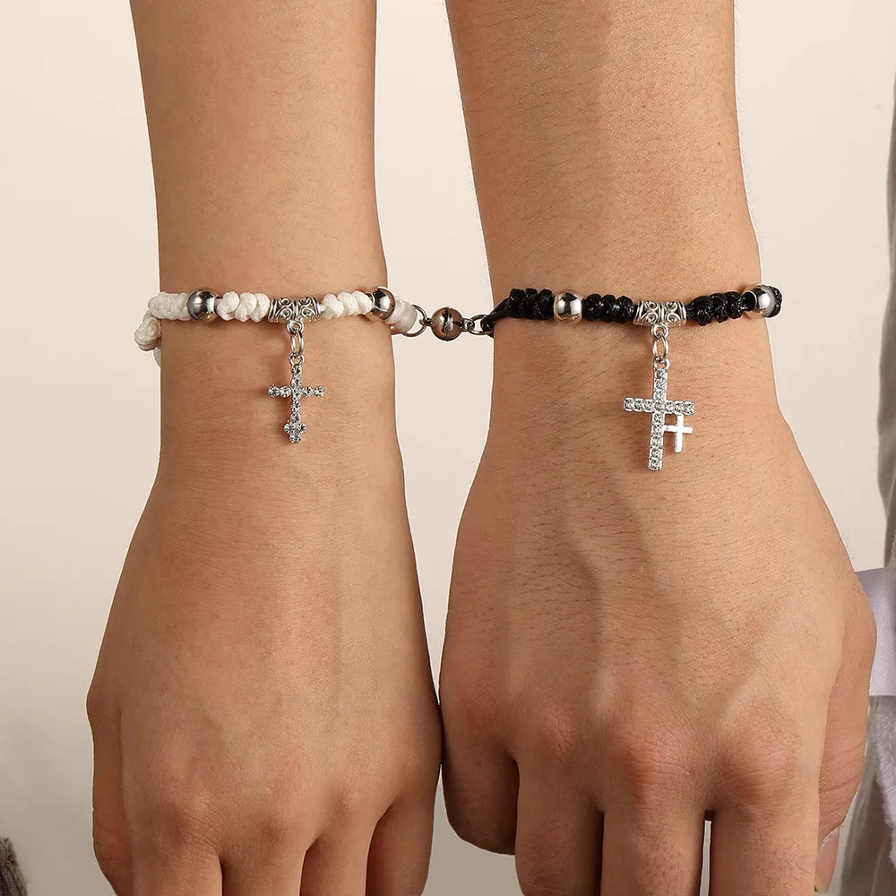 Pulseras para Parejas Negro y Blanco Pulsera Cruz