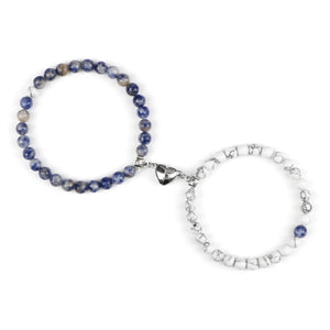 Bracelets pour Couples Gourmette Magnétique Perles bleu gris et blanc