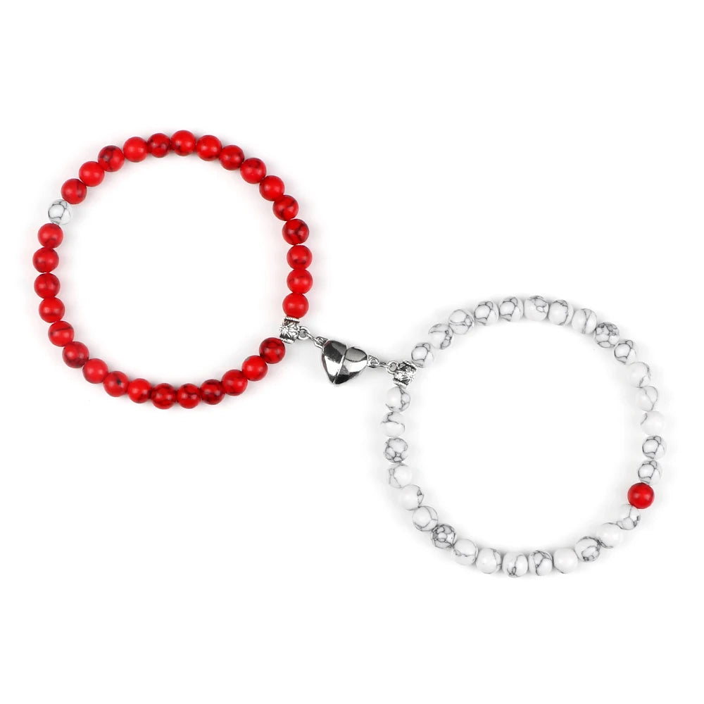 Bracelets pour Couples Gourmette Magnétique Perles rouge et blanc